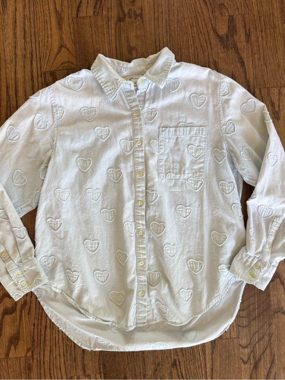 Kerri Rosenthal Medium Button Down Light Blue Cotton Stitch Embroidered Hearts